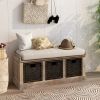 Rustic Storage Bench with 3 Removable Classic Rattan Basket ,Entryway Bench with Removable Cushion - White Washed - Solid Wood