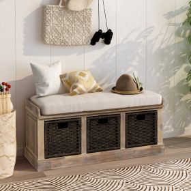 Rustic Storage Bench with 3 Removable Classic Rattan Basket ,Entryway Bench with Removable Cushion - White Washed - Solid Wood