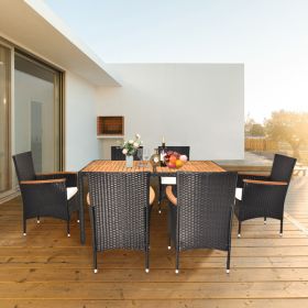 7 Piece Patio Dining Set, Outdoor Patio Conversation Set with Acacia Wood Table Top and Rattan Chairs and Soft Seat Cushions, Black