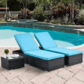 Outdoor Patio Chaise Lounge Chair,Lying in bed with PE Rattan and Steel Frame,PE Wickers,Pool Recliners- Brown+Blue
