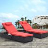 Outdoor Patio Chaise Lounge Chair,Lying in bed with PE Rattan and Steel Frame,PE Wickers,Pool Recliners- Black+Red