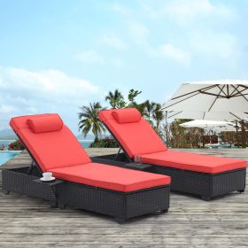 Outdoor Patio Chaise Lounge Chair,Lying in bed with PE Rattan and Steel Frame,PE Wickers,Pool Recliners- Black+Red