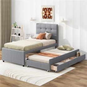 Gray Twin Size Upholstered Platform Bed with Pull-out Twin Size Trundle and 3 Drawers