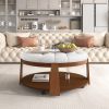 Modern Large Round Ottoman Coffee Table 2-Tier Oversized Button Tufted Ottoman with Wood Shelf Storage - Ivory White - Rubber Wood
