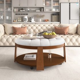 Modern Large Round Ottoman Coffee Table 2-Tier Oversized Button Tufted Ottoman with Wood Shelf Storage - Ivory White - Rubber Wood