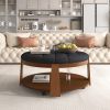 Modern Large Round Ottoman Coffee Table 2-Tier Oversized Button Tufted Ottoman with Wood Shelf Storage  - Black+Brown - Rubber Wood