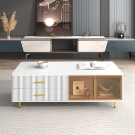 Modern Coffee Table with 2 Glass Door Storage, 4 Drawers, Gold Metal Legs, and Multi-Color Lighting in 47.2'' - White - MDF