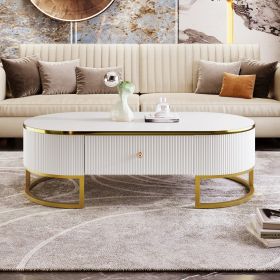 Modern Oval Coffee Table with Drawers,Curved Profile Design, Gold Metal Decor, Center Table for Living Room in 47.2" - White+Gold - MDF+Metal