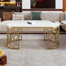 Modern Oval Coffee Table with Cut-Out Pattern Metal Stainless Steel Frame in 47.2" - White+Gold - MDF+Metal