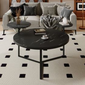 Modern coffee table with two display shelves, Black Faux marble surfaces, Tripod-inspired base,Rounded tabletop edges - Matte Black - MDF