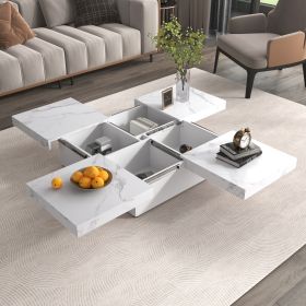 Square Marble Veneer Coffee Table Sliding Top with Storage in 39.4'' - White - MDF