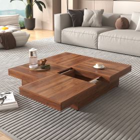 Square Marble Veneer Coffee Table Sliding Top with Storage in 39.4'' - Walnut - MDF