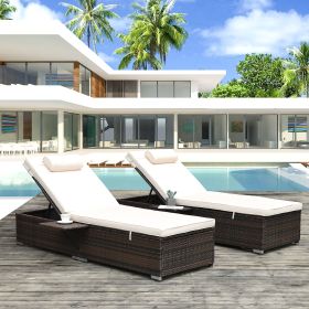Outdoor PE Wicker Chaise Lounge - 2 Piece patio lounge chair; chase longue; lazy boy recliner- Beige