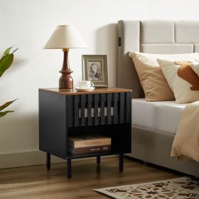 2 Set Nightstands with Grille Striped Doors, Mid Century Modern Nightstand, Bedside Table with Slatted Drawer Decor, End Tables Bedroom