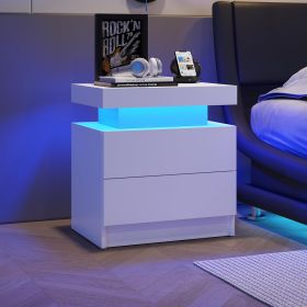 Modern Black LED Nightstand with Led Lights Bedside table with 2 High Gloss Drawers for Bedroom - White - Particle Board