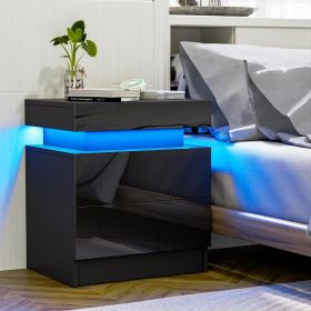 Modern Black LED Nightstand with Led Lights Bedside table with 2 High Gloss Drawers for Bedroom - Black - Particle Board
