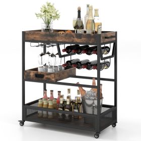 3-Tier Industrial Buffet Serving Cart with Wine Rack - as show