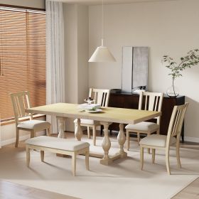 Traditional 6-Piece 78inch Trestle Extendable Dining Table Set with One 18inch Removable Leaf, Padded Dining Chairs and Bench - Natural - Rubber Wood