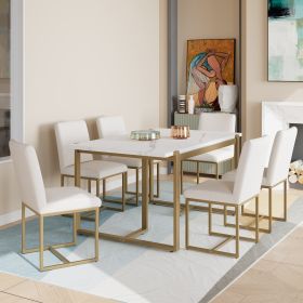 Modern Dining Table Set for 6 Faux Marble Kitchen Table Set with 6 Upholstered Dining Chairs, 7-Piece - Golden+White - MDF+Metal