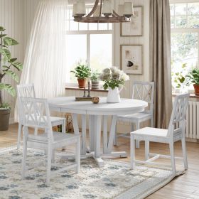 Rustic 5-Piece Extendable Dining Table Set Round Trestle Table and 4 Cross Back Dining Chairs for Kitchen, Dining Room - Gray - Solid Wood