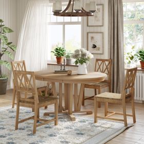 Rustic 5-Piece Extendable Dining Table Set Round Trestle Table and 4 Cross Back Dining Chairs for Kitchen, Dining Room - Natural - Solid Wood