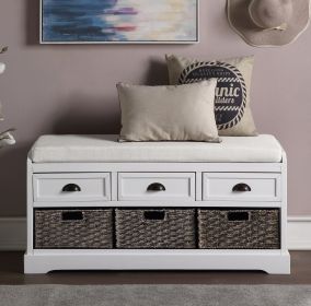 Homes Collection Wood Storage Bench with 3 Drawers and 3 Baskets - White - MDF