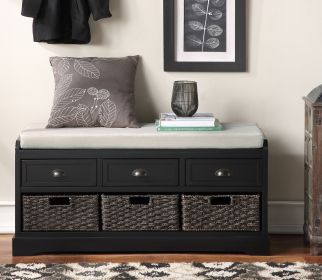 Homes Collection Wood Storage Bench with 3 Drawers and 3 Baskets - Black - MDF