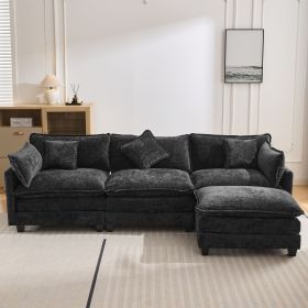 112.2" L-Shape Chenille Upholstered Sofa for Living Room Modern Luxury Sofa Couch with Ottoman and 5 Pillows for Living Room - Black - Foam