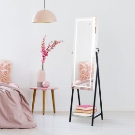 Full mirror wooden floor type with 1 shelf, 3-color led mirror lamp, 8 white interior lamp beads, jewelry storage mirror cabinet - white - as picture