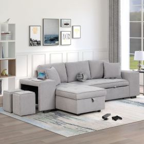 104.5" Pull Out Sleeper Sofa Reversible L-Shape 3 Seat Sectional Couch with Storage Chaise and 2 Stools for Living Room Furniture Set - Gray - Linen