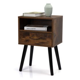 Set of 2 Mid Century Nightstand, Side Table with Drawer and Shelf, End Table for Living Room Bedroom, Rustic Brown - as Pic