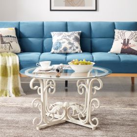 Glass Coffee Table with Sturdy Iron Leaf-shape Base, Leisure Cocktail Table with Tempered Glass Top for Living Room, Dining Room (White) - as Pic