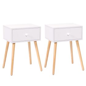 Set of 2 Wood Nightstand with Storage Drawer and Solid Wood Leg, Modern End Table for Living Room Bedroom Home Furniture, White + Brown - as Pic