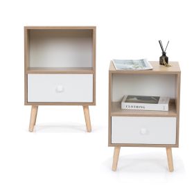 Mid-Century Wood Nightstand Set of 2, Bed Sofa Side Table with Drawer and Shelf, Modern End Table for Living Room Bedroom Office - as Pic