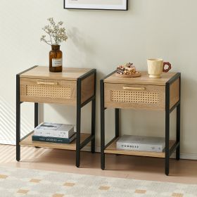 Set of 2, 15.74" Rattan End table with drawer, Modern nightstand, metal legs,side table for living room, bedroom,natural - as Pic