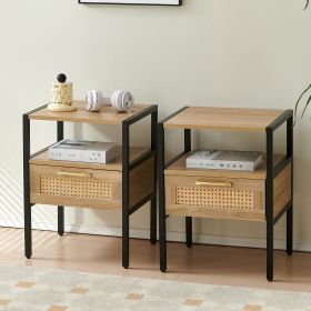 Set of 2, 15.75" Rattan End table with drawer, Modern nightstand, metal legs,side table for living room, bedroom,natural - as Pic