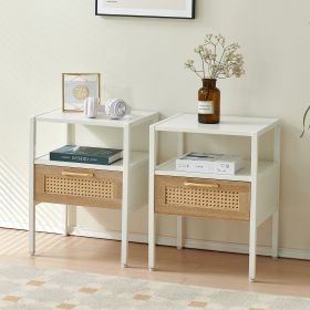Set of 2, 15.75" Rattan End table with drawer, Modern nightstand, metal legs,side table for living room, bedroom,white - as Pic