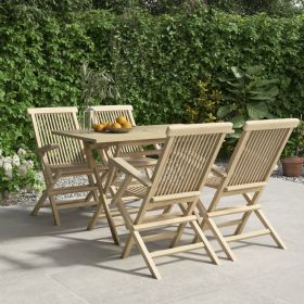 5 Piece Patio Dining Set Gray Solid Wood Teak - Gray