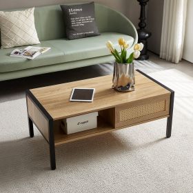 40.16" Rattan Coffee table, sliding door for storage, metal legs, Modern table for living room , natural - as Pic