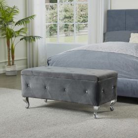 End Of Bed Large Upholstered Storage Benches Footrest With Crystal Buttons (Grey)