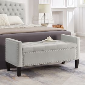 Upholstered Tufted Button Storage Bench with nails trim,Entryway Living Room Soft Padded Seat with Armrest,Bed Bench-Gray - as Pic