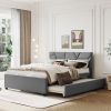 Queen Size Upholstered Platform Bed with Brick Pattern Headboard and Twin XL Size Trundle, Linen Fabric, Gray - as Pic