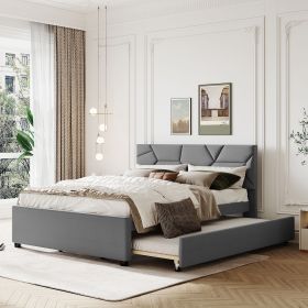 Queen Size Upholstered Platform Bed with Brick Pattern Headboard and Twin XL Size Trundle, Linen Fabric, Gray - as Pic