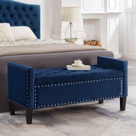 Upholstered Tufted Button Storage Bench with nails trim,Entryway Living Room Soft Padded Seat with Armrest,Bed Bench -Navy - as Pic