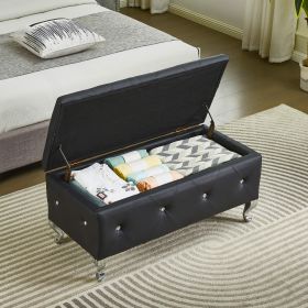 Upholstered Storage Ottoman Bench Faux Leather Rectangular Storage Benches Footrest With Crystal Buttons (Black)