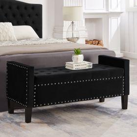 Upholstered Tufted Button Storage Bench with nails trim,Entryway Living Room Soft Padded Seat with Armrest,Bed Bench-Black - as Pic
