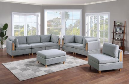 Living Room Furniture 7pc Modular Sofa Set Light Grey Dorris Fabric Couch 4x Corner Wedges 2x Armless Chair And 1x Ottoman - as Pic