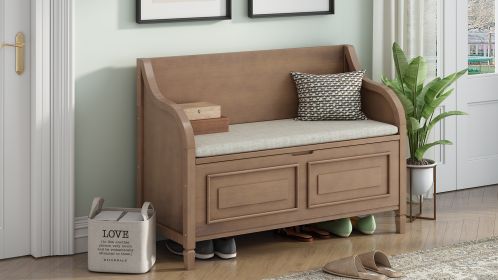 TREXM Rustic Style Solid wood Entryway Multifunctional Storage Bench with Safety Hinge (Brown+ Beige) - as Pic