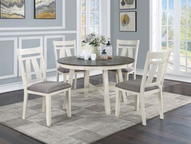 Dining Room Furniture 5pc Dining Set Round Table And 4x Side Chairs Gray Fabric Cushion Seat White Clean Lines Wooden Table Top - as Pic