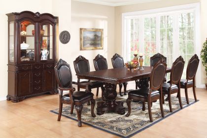 Formal Dining Room Table w Leaf 2x Arm Chairs And 6x Side Chairs Brown 9pc Set Dining Table Double Pedestal Base Royal Rectangle Table - as Pic